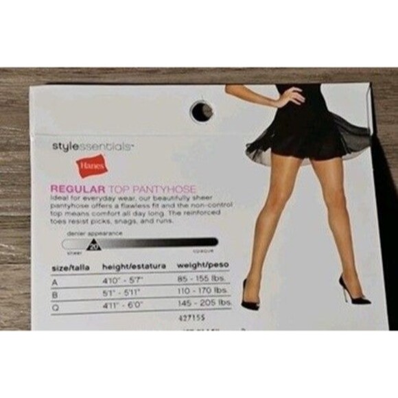 2 Prs Hanes Style Essentials Regular Top Pantyhose Sheer Leg Jet Black Size B - Picture 2 of 2